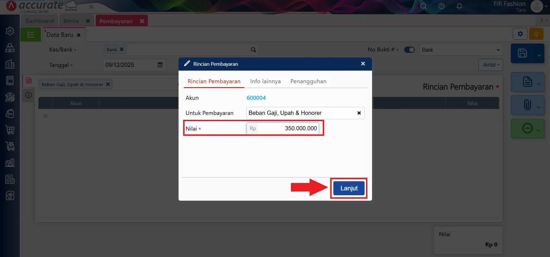Mengubah departemen/proyek pada akun kosong